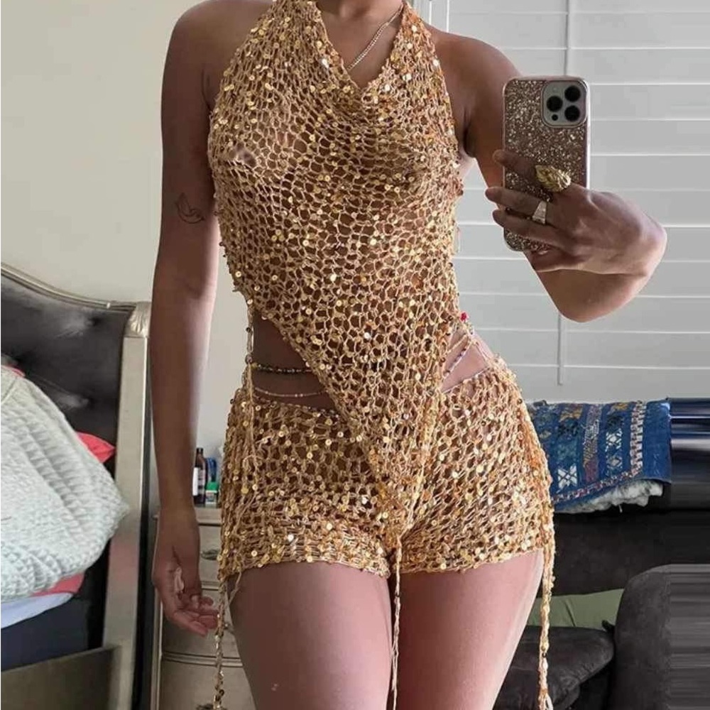 Crocheted see through 2 piece set. For beach wear or club wear